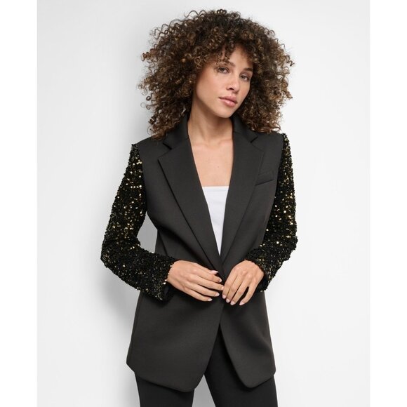 Dkny Jackets & Blazers - DKNY Women's Sequinned-Sleeve Single-Button Blazer Black Gold Size 6 MSRP $169